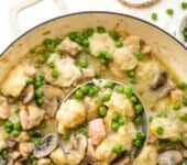 Chicken and Dumplings with Leeks, Mushrooms and Peas
