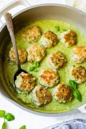 Chicken Meatballs with Pesto White Bean Puree
