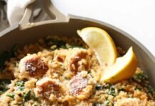High Protein Chicken Meatball Lemon Orzo Skillet